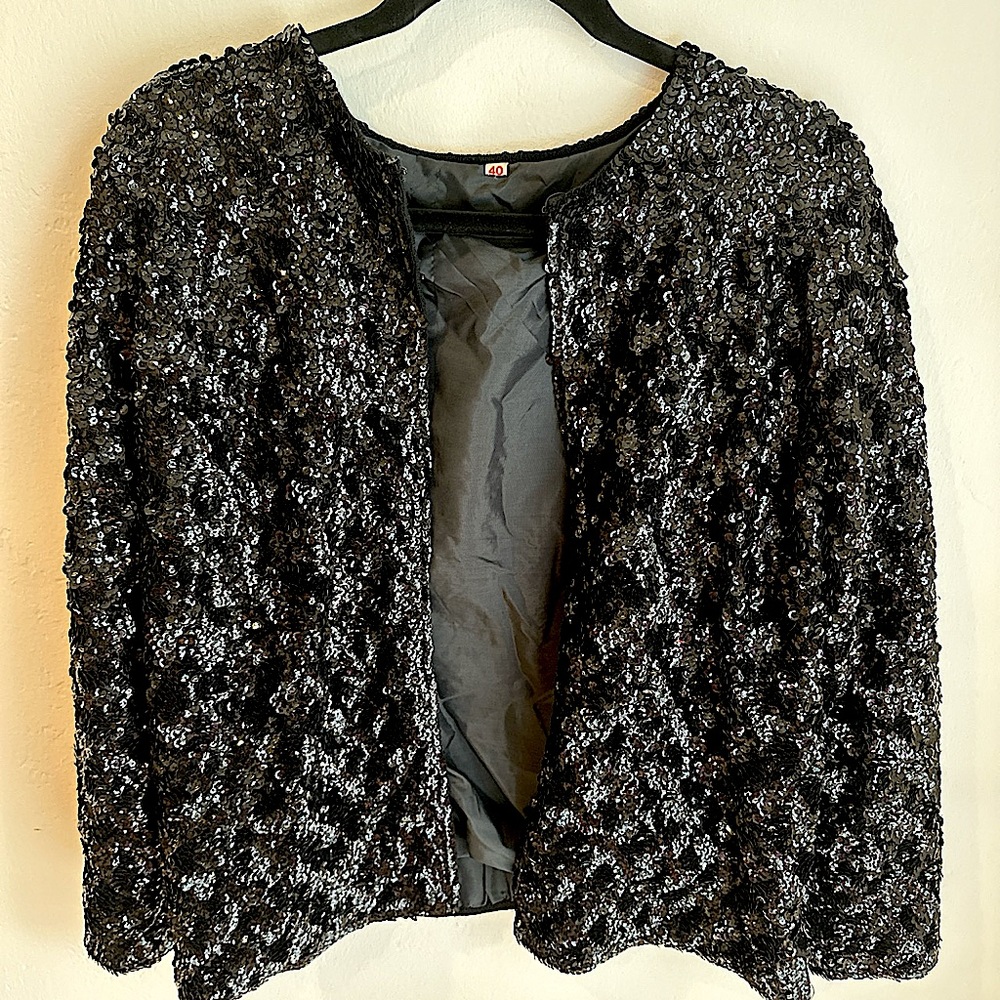 vintage oversized black sequin jacket, perfect condition from the 70’s